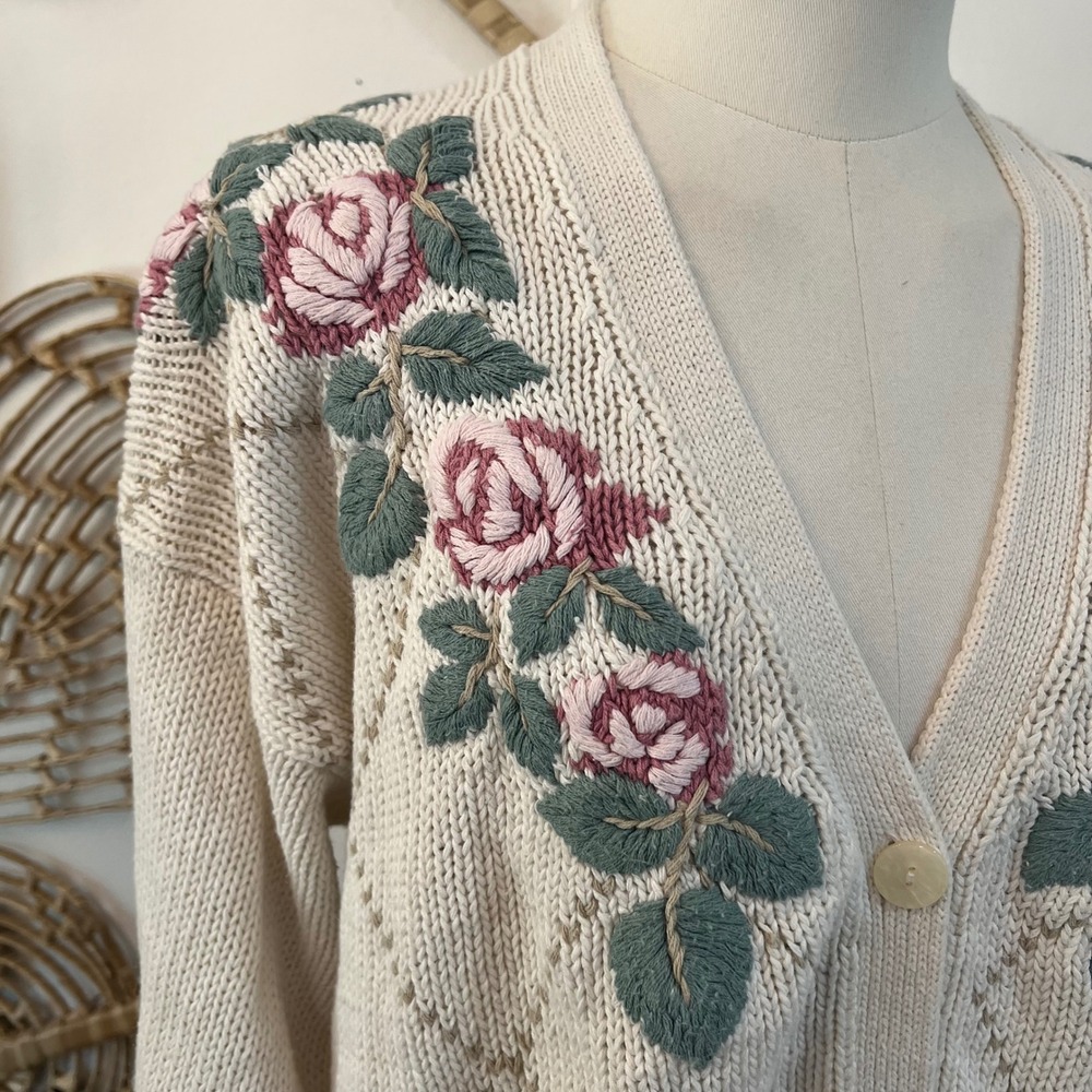 Vintage Venezia Cream Ramie Cotton Embroidered Floral Argyle Cardigan 18/20 - Picture 3 of 10